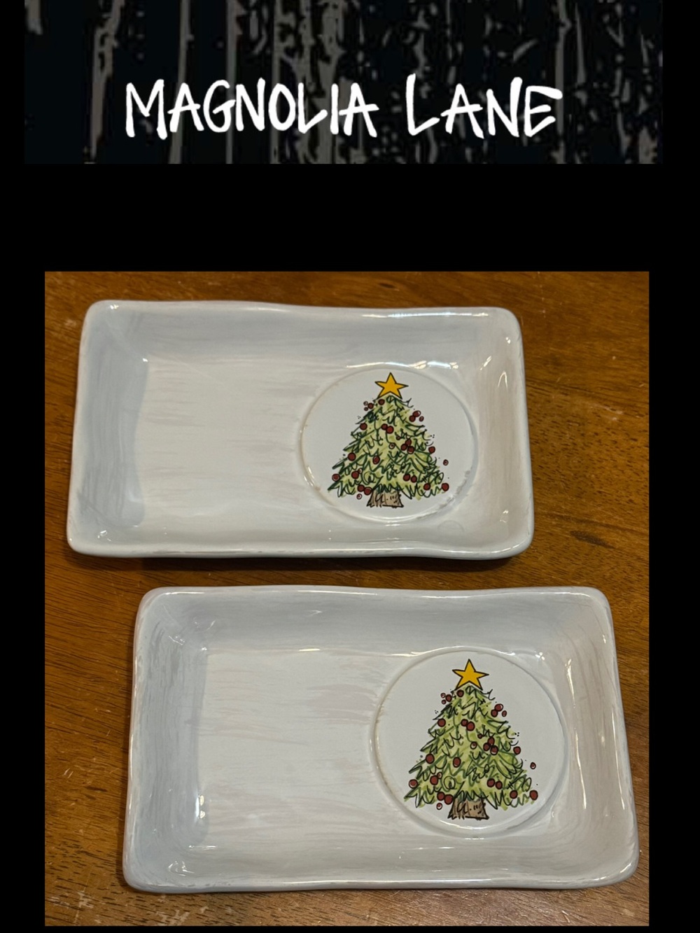 Magnolia Lane White Ceramic Christmas Tree Rectangular Serving Trays - Set of 2